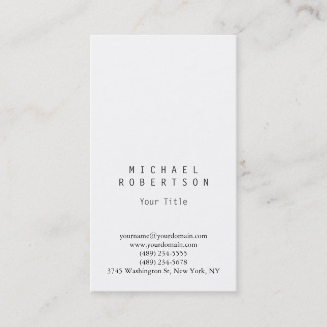 Stylish Vertical White Plain Simple Business Card (Front)