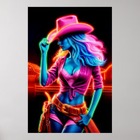 Stylish vibrant cowgirl with retro neon lighting