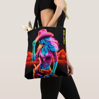 Stylish vibrant cowgirl with retro neon lighting tote bag