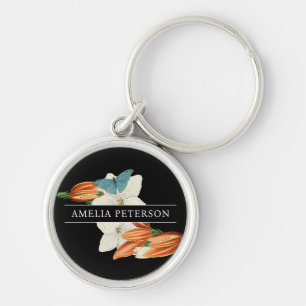 Stylish Vintage Black White Lily Floral Butterfly Key Ring