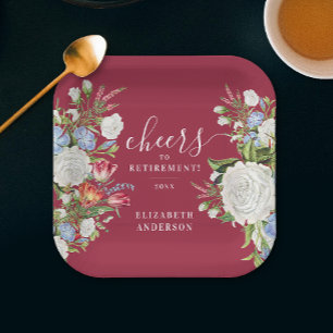 Stylish Vintage Burgundy Retirement Garden Floral Paper Plate