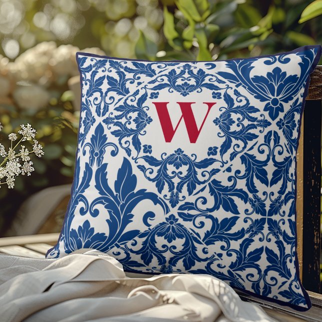 Stylish vintage damask navy Blue monogram Cushion (Creator Uploaded)