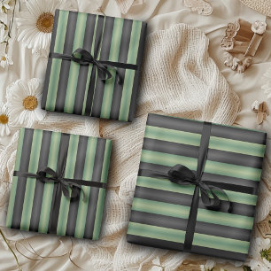Stylish Vintage Olive Sage Green Black 3D Striped  Wrapping Paper Sheet