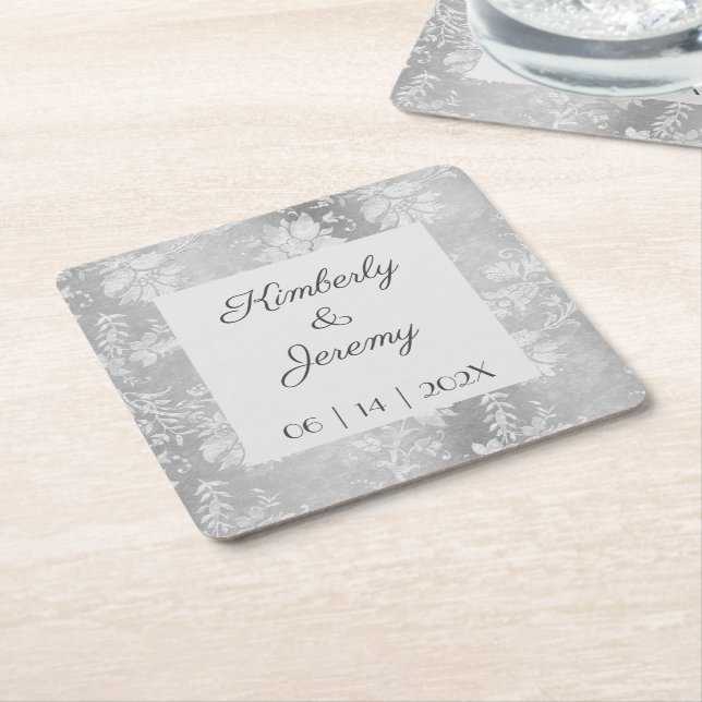 Stylish Vintage Pewter Wedding  Square Paper Coaster (Angled)