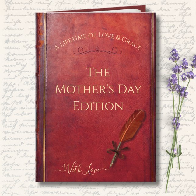 Stylish Vintage Storybook Mother's Day Photo Card (Elegant vintage red leather look with gold-tone typography and a classic quill design.)