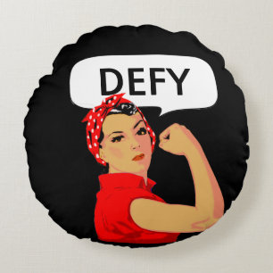 Stylish Vintage Strong Woman & Editable Defy Text Round Cushion