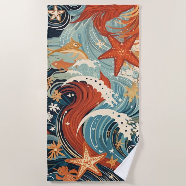Stylish Vintage Waves and Starfish Beach Towel (Front)