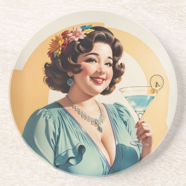 Stylish Vintage Woman Holding A Martini Glass Coaster (Front)