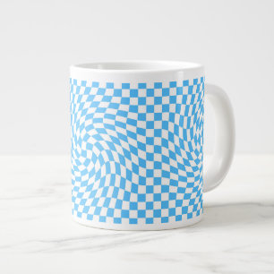 Stylish Warped Checkered Pattern Blue & White  Large Coffee Mug