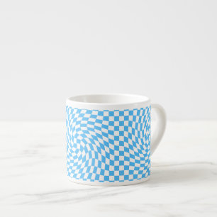 Stylish Warped Chequered Pattern Blue & White Espresso Cup