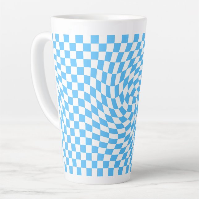 Stylish Warped Chequered Pattern Blue & White   Latte Mug (Left Angle)