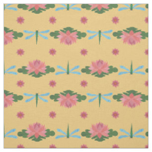 Stylish Water Lilies and Dragonfly on Sand Fabric
