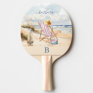 Stylish Watercolor Beach Ocean Monogram Name Ping Pong Paddle