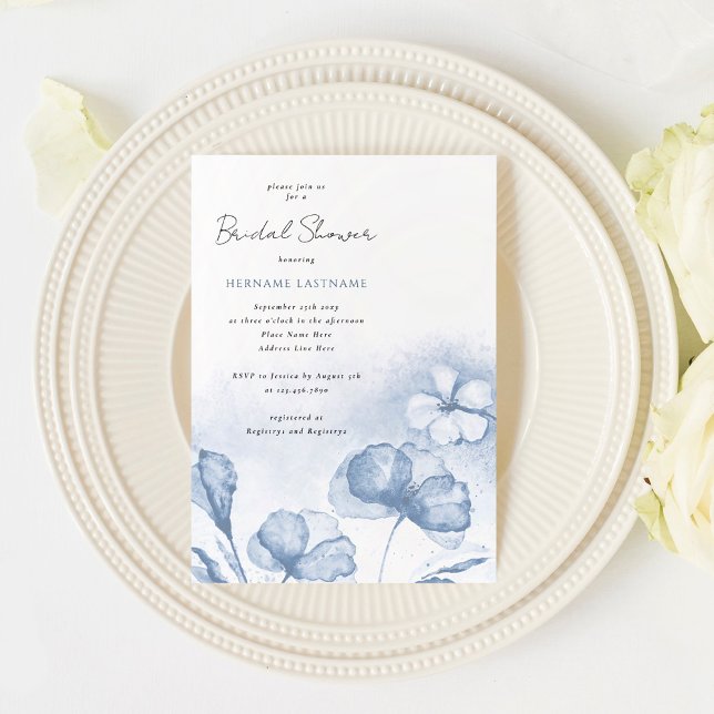 Stylish Watercolor Blue Floral Bridal Shower Invitation (Creator Uploaded)