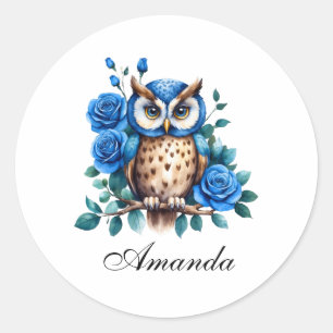 Stylish Watercolor Blue Owl and Roses Classic Round Sticker