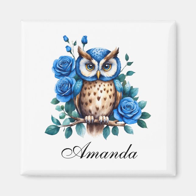 Stylish Watercolor Blue Owl and Roses Magnet (Front)