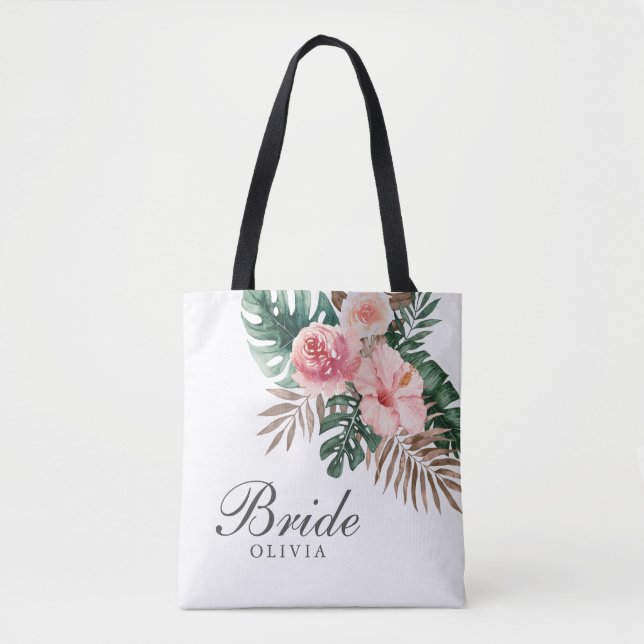 Stylish Watercolor Boho Tropical Bride Tote Bag (Front)