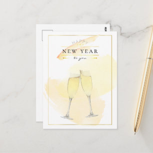 Stylish Watercolor Champagne Glasses New Year Postcard