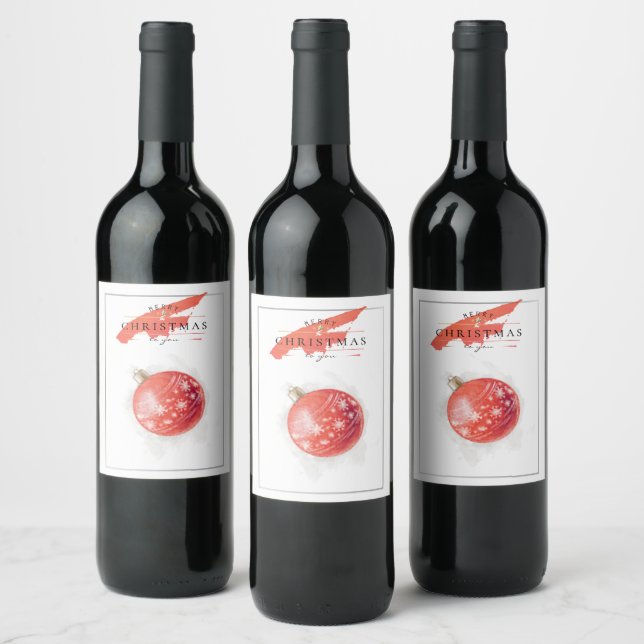 Stylish Watercolor Christmas Tree Red Ball Wine Label (Bottles)