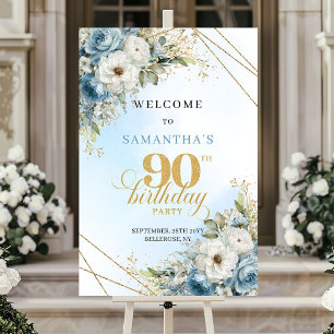 Stylish Watercolor dusty blue gold 90th birthday  Poster