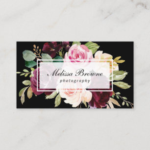 stylish watercolor floral black photography business card