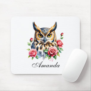 Stylish Watercolor Floral Owl Mouse Pad