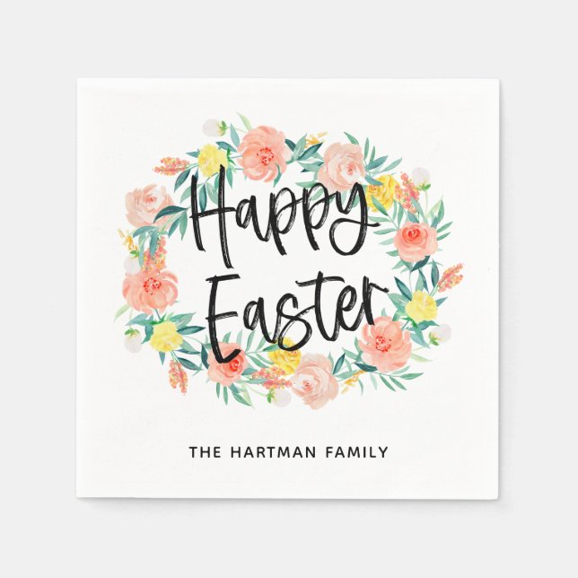 Stylish Watercolor Floral Wreath Happy Easter Name Napkin (Front)