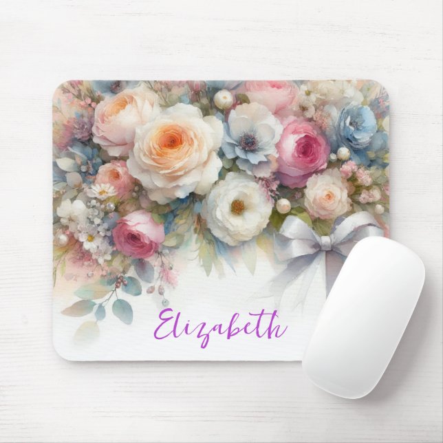 Stylish Watercolor Flowers Your Custom Text Name Mouse Pad (With Mouse)