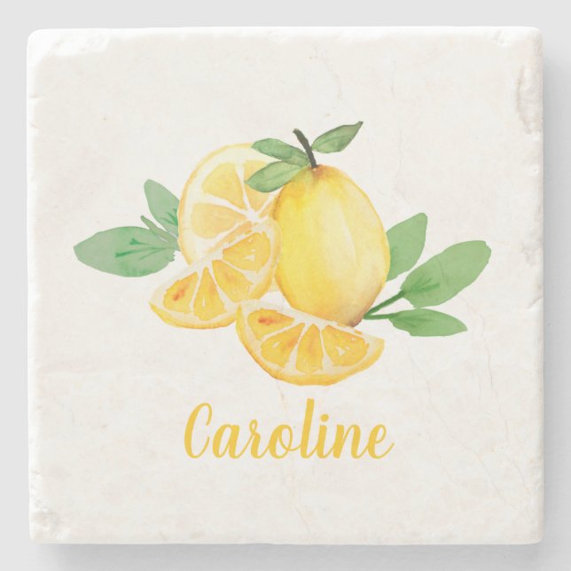 Stylish Watercolor Lemon Fruit Personalised Name Stone Coaster (Front)