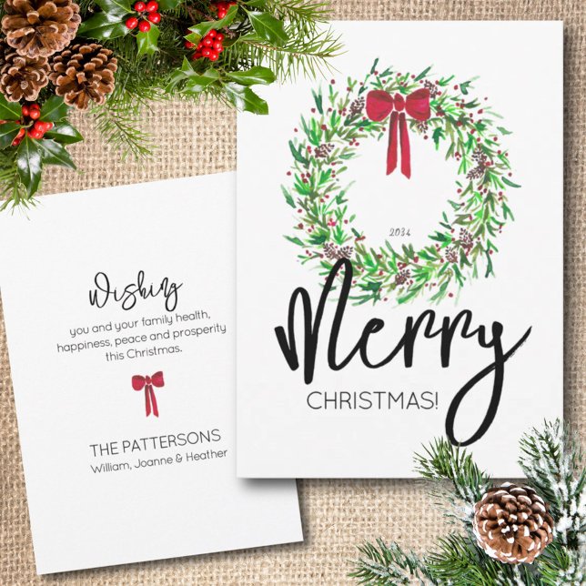 Stylish Watercolor Merry Christmas Wreath No-Photo Holiday Card (Stylish Watercolor Merry Christmas Wreath No-Photo Holiday Card)