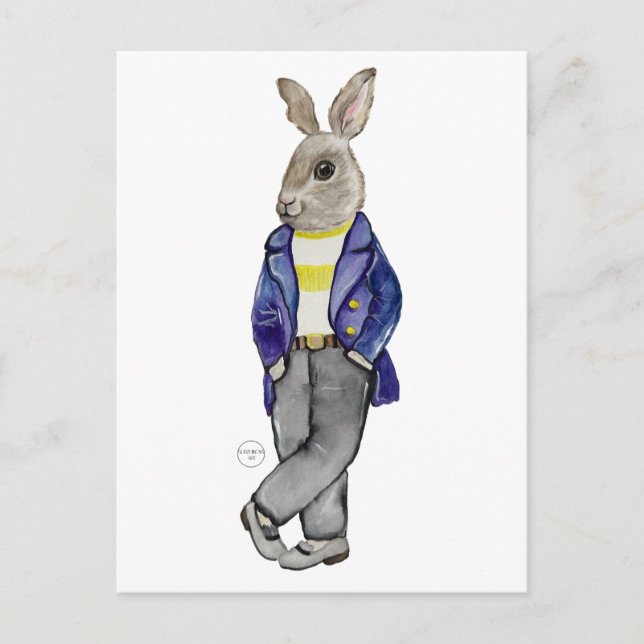 Stylish watercolor rabbit hand drawing postcard (Front)