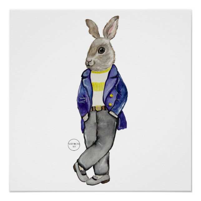 Stylish watercolor rabbit hand drawing poster (Front)