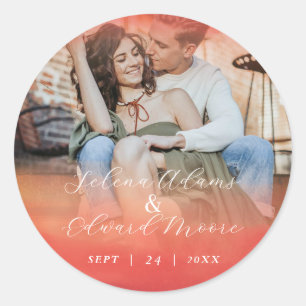 Stylish Watercolor Rose Gold Photo Wedding Classic Round Sticker