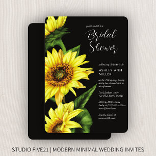 Stylish Watercolor Sunflower Black Wedding Shower Invitation