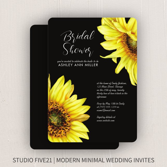 Stylish Watercolor Sunflower Black Wedding Shower Invitation (Creator Uploaded)