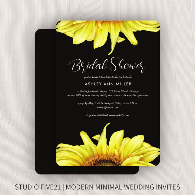 Stylish Watercolor Sunflower Black Wedding Shower Invitation (Creator Uploaded)