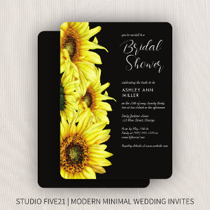 Stylish Watercolor Sunflower Black Wedding Shower Invitation