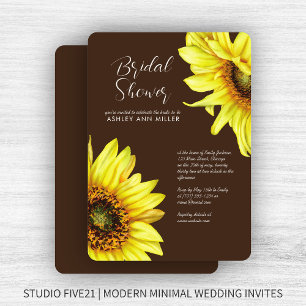Stylish Watercolor Sunflower Brown Wedding Shower Invitation