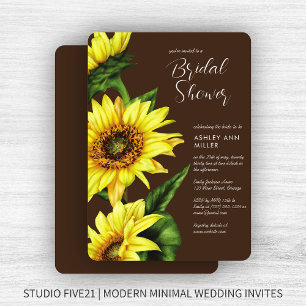 Stylish Watercolor Sunflower Brown Wedding Shower Invitation