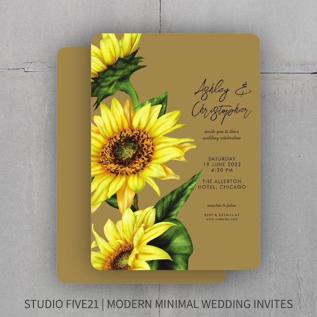 Stylish Watercolor Sunflower Gold Wedding Invitation (Creator Uploaded)