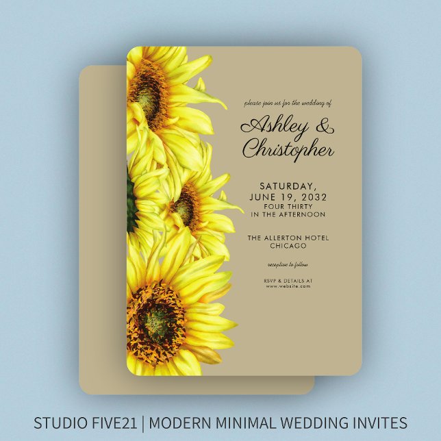Stylish Watercolor Sunflower Khaki Wedding Invitation (Creator Uploaded)