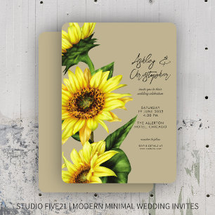 Stylish Watercolor Sunflower Khaki Wedding Invitation