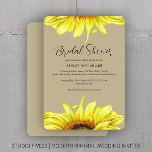 Stylish Watercolor Sunflower Khaki Wedding Shower Invitation