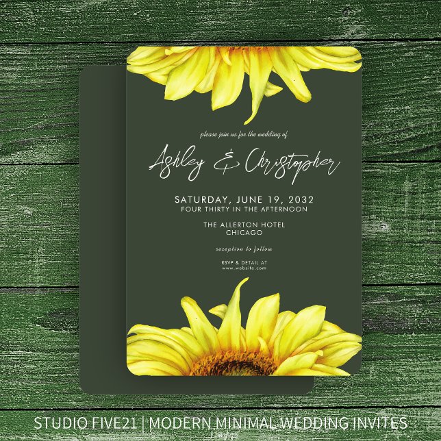 Stylish Watercolor Sunflower Moss Green Wedding Invitation (Creator Uploaded)