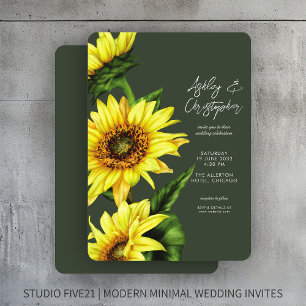 Stylish Watercolor Sunflower Moss Green Wedding Invitation
