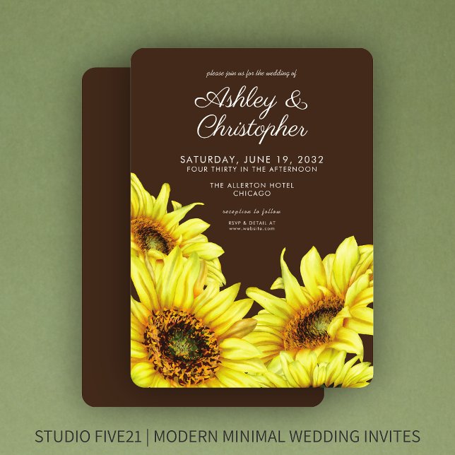 Stylish Watercolor Sunflower Walnut Brown Wedding Invitation (Creator Uploaded)