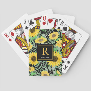Stylish Watercolor Sunflowers Black Monogram Playing Cards