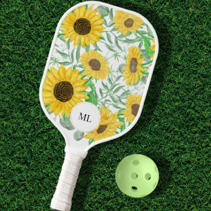 Stylish Watercolor Sunflowers Monogrammed Pickleball Paddle