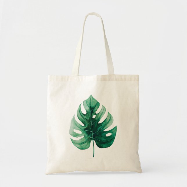 Stylish Watercolor Tropical Green Monstera Leaf Tote Bag (Front)