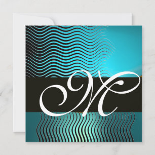 STYLISH WAVES MONOGRAM,aqua blue turquase,sapphire Invitation